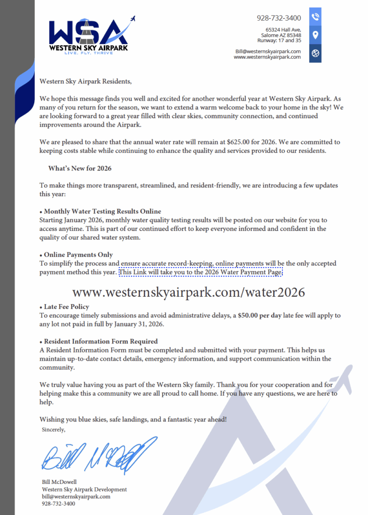 2026 Water Dues Letter